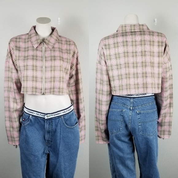 Collusion Pink Academia Plaid 90s Y2K Zip Up Cropped Shirt Size 8 NWOT - Picture 1 of 7